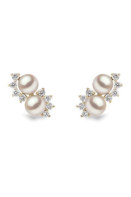 Sleek Stud Earrings, 18k White Gold, Diamond & Pearl